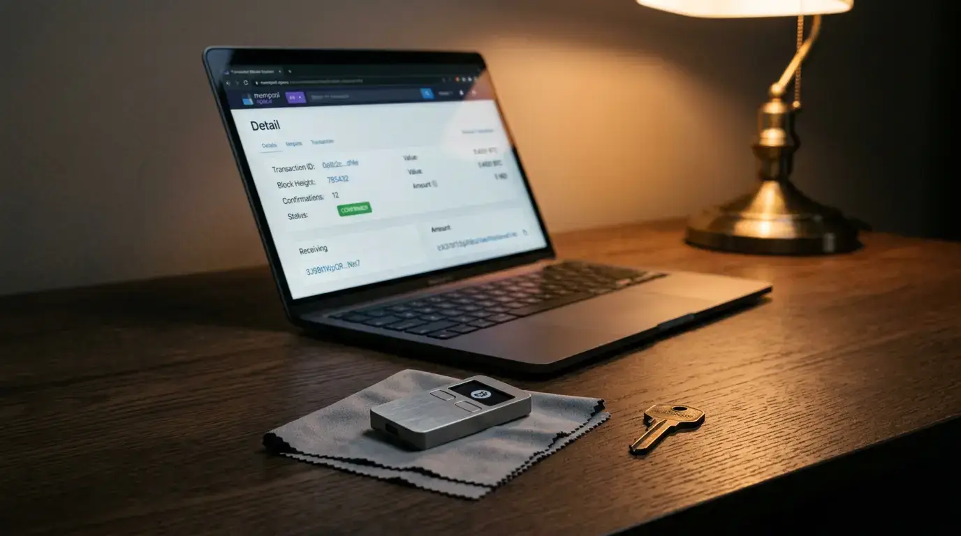 Hardware Bitcoin wallet and laptop showing an on-chain explorer for custody verification