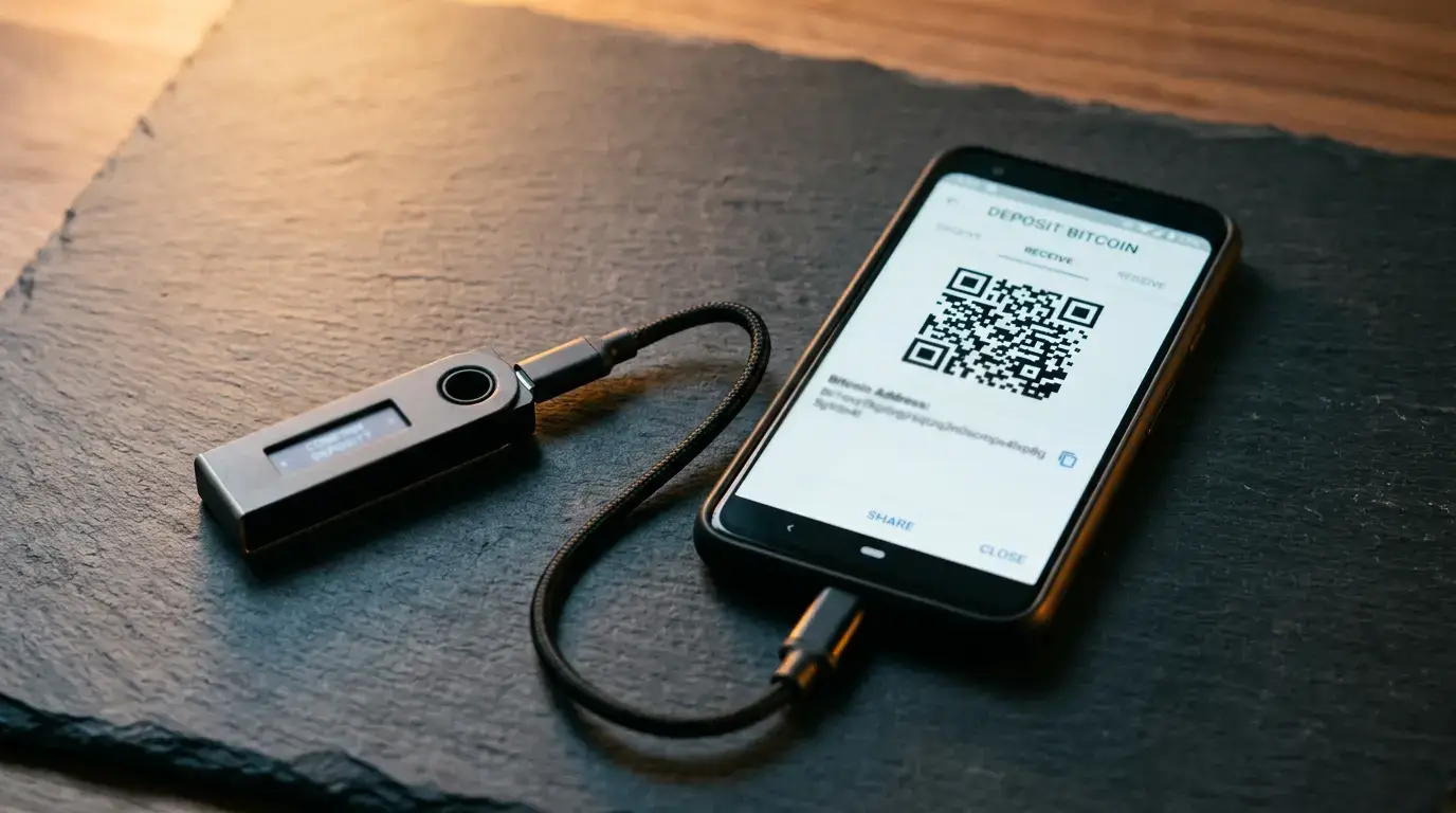 Hardware wallet next to a phone showing a Bitcoin sportsbook deposit screen