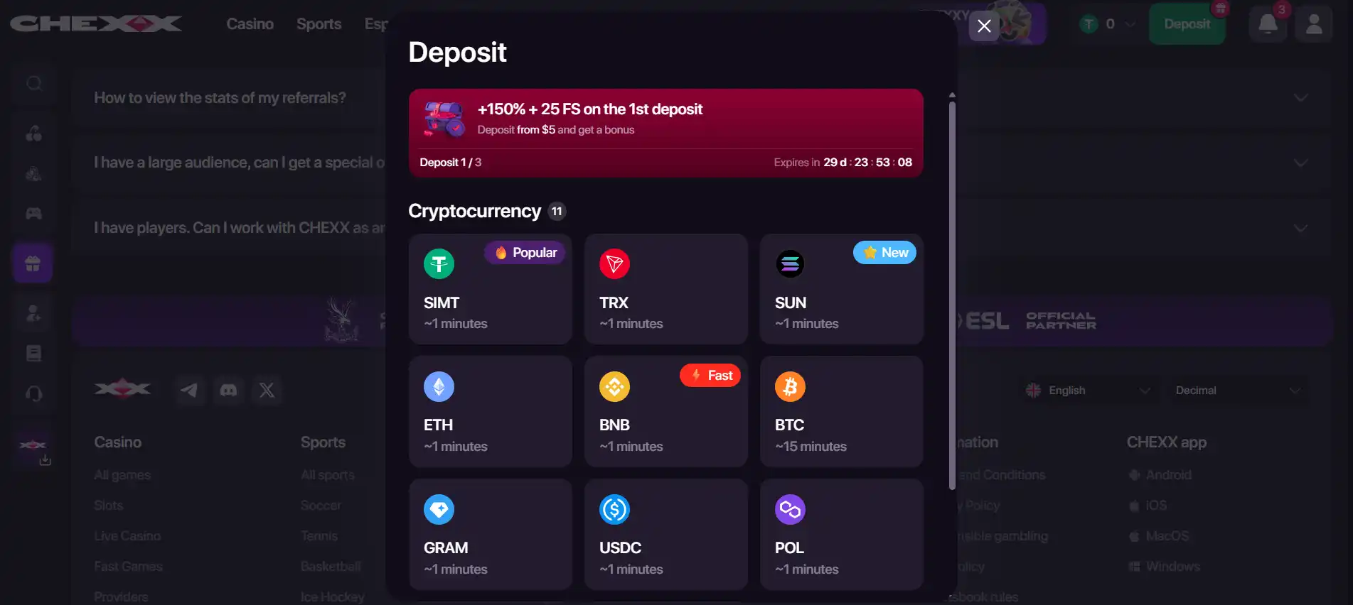 CHEXX deposit window showing coin network and wallet address fields