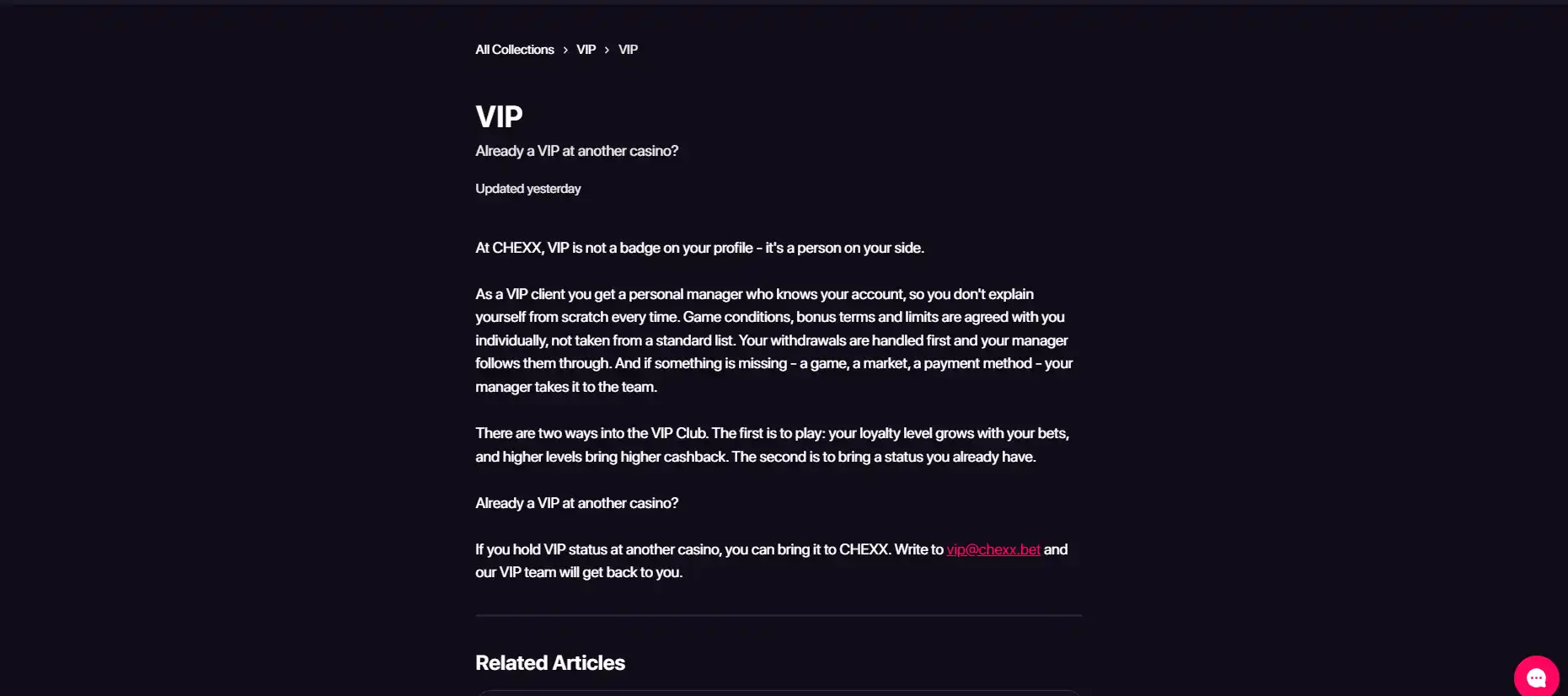 CHEXX VIP ladder showing levels from Bronze through Obsidian