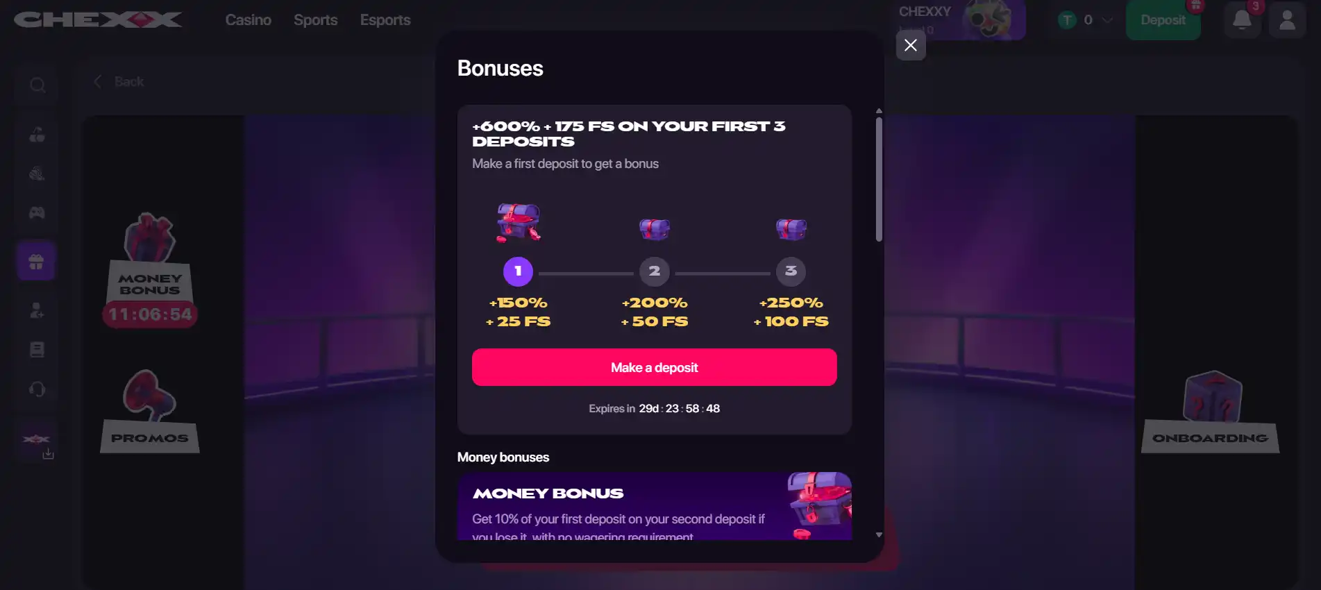 CHEXX welcome package with three deposit tiers and free spins
